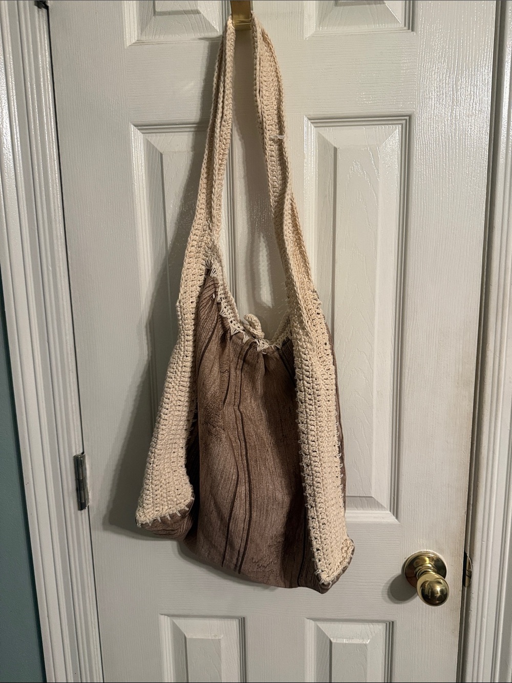 Crochet-Trim Shoulder Bag in Cream and Brown